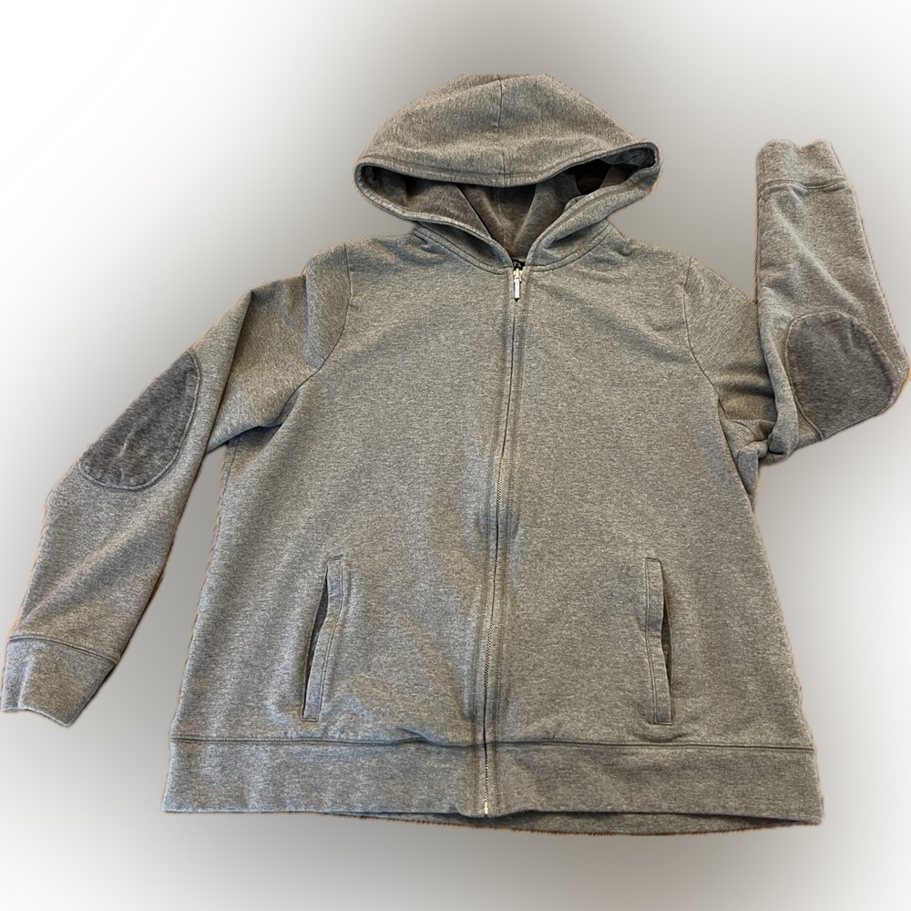 Talbots Hooded Full Zip Sweatshirt Womens Size 1X Gray Velvet Elbow Patches Hood